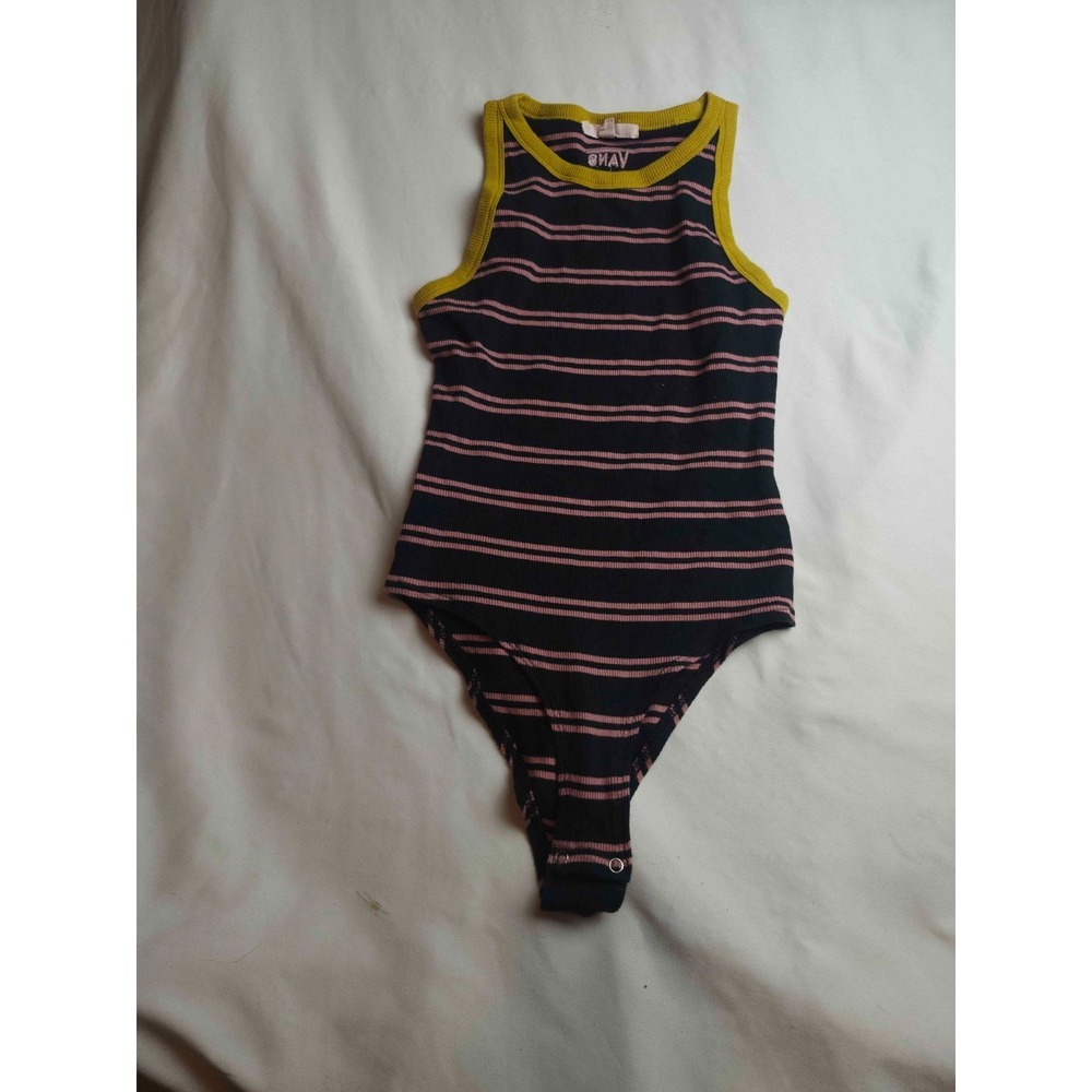 Vans Bodysuit Womens Size XS Black Pink Striped Knit Sleeveless Skateboard Crew